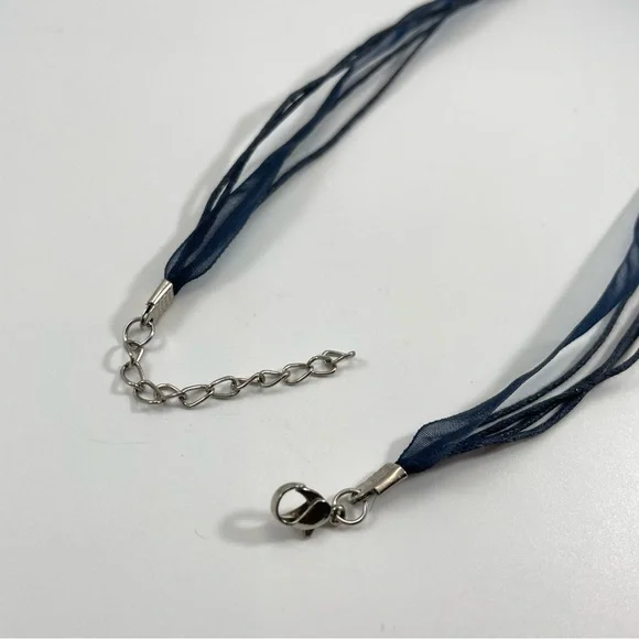 Unsigned Dichroic Glass Blue Silver Square Pendant Corded Black Ribbon Necklace